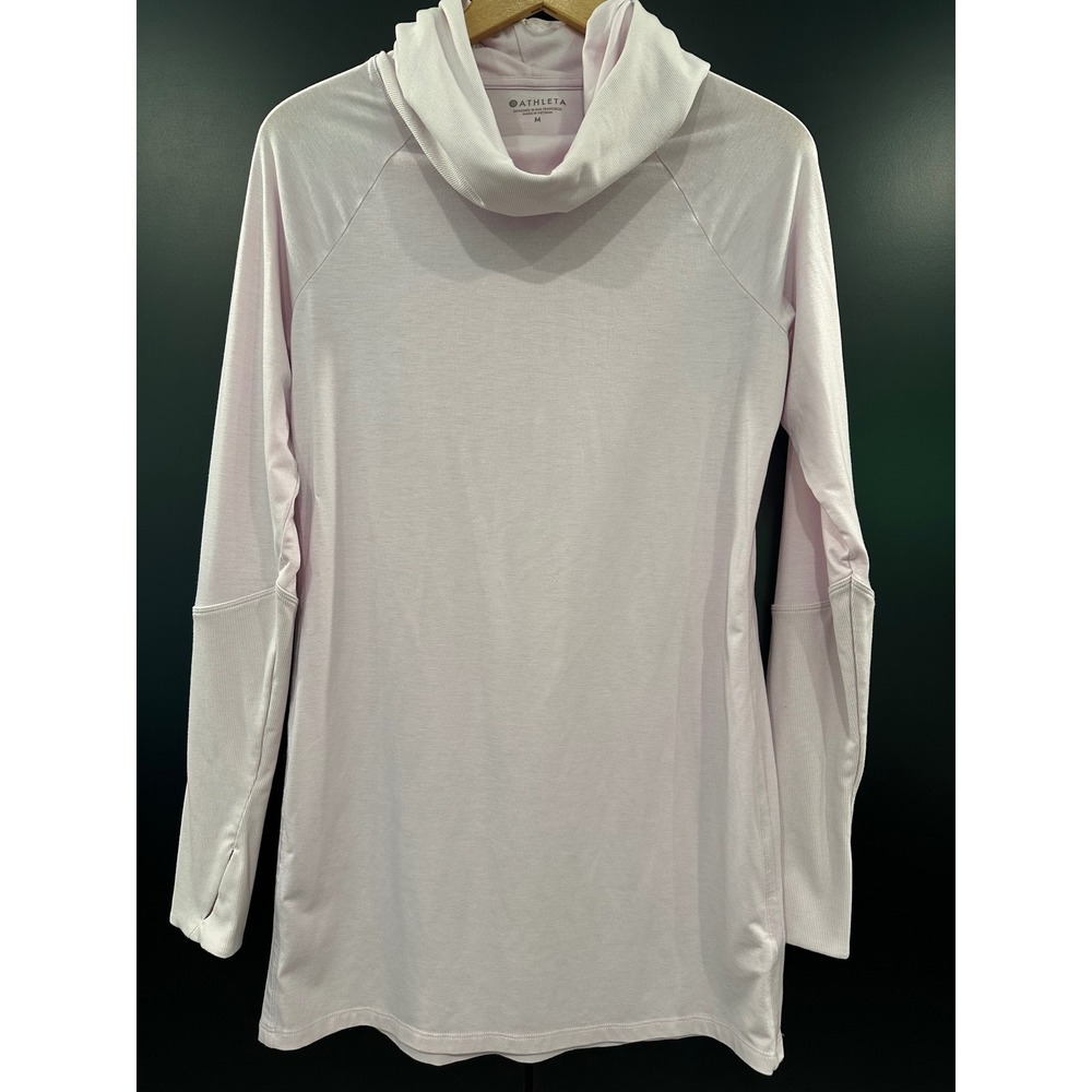 Athleta Essence Luxe Hoodie Tunic Pink Lavender Cowl Neck Womens M